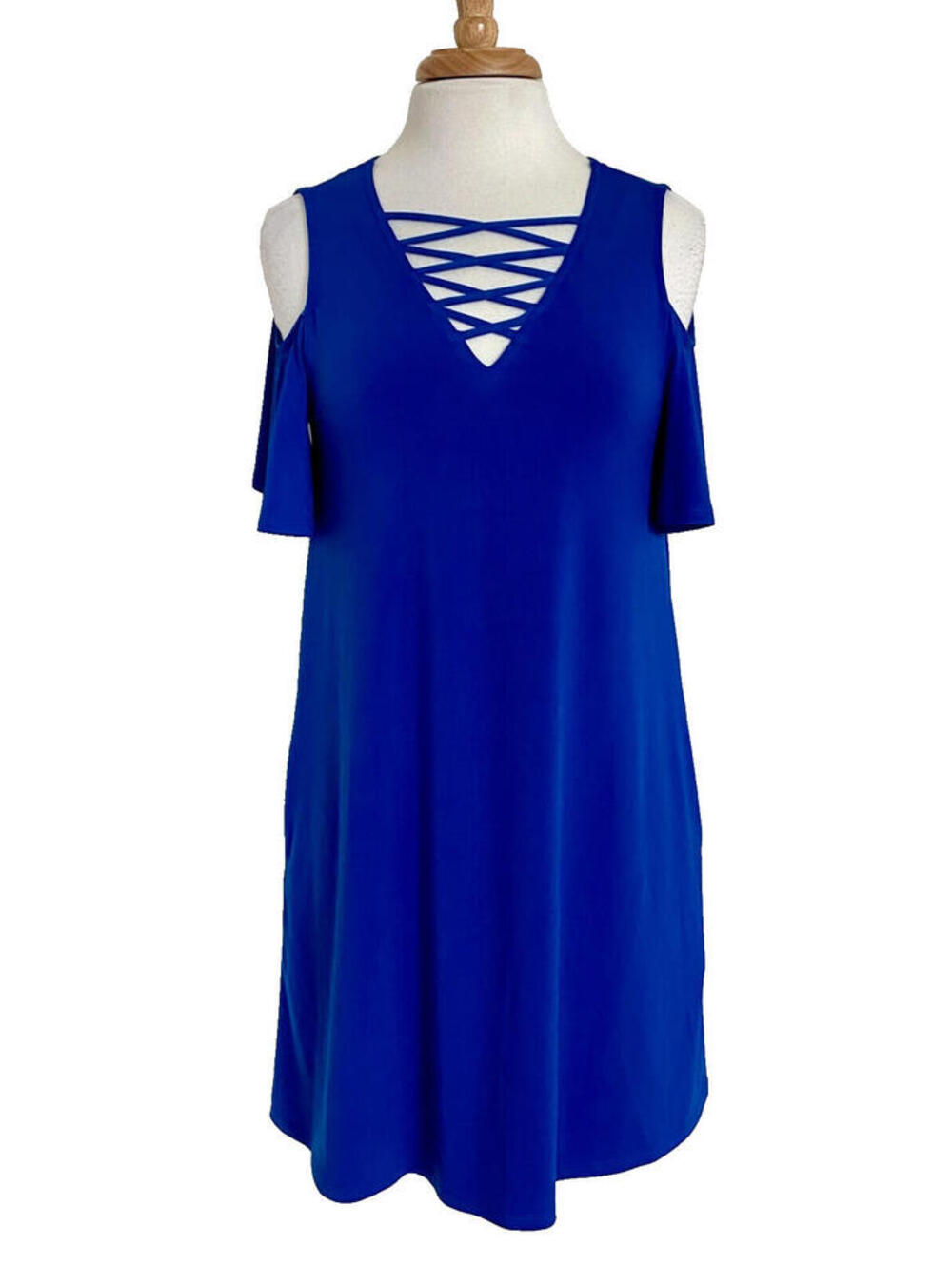 AGB Royal Blue Off-Shoulder Shift Dress Knee-Length V-Neck Short Sleeve S